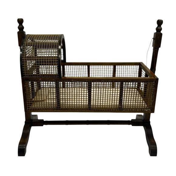 Vintage 14” Mahogany Baby Doll Swinging Cradle On Stand W Caning Rare **Read - Picture 1 of 16